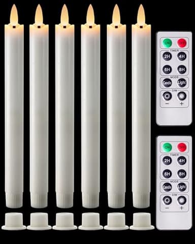 Homemory Real Waxy Flameless Taper Candles with Remote Timer, LED Candlesticks Flickering, Battery Operated Candles, 9.6 Inches for Home Christmas Wedding Celebration Decor, White, Pack of 6 - Image 1