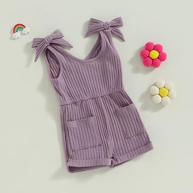 Fernvia Toddler Baby Girl Summer Clothes Sleeveless Ribbed Knitted Jumpsuit Shorts Overalls Baby One Piece Outfit (B Purple, 12-18 Months) - Image 6