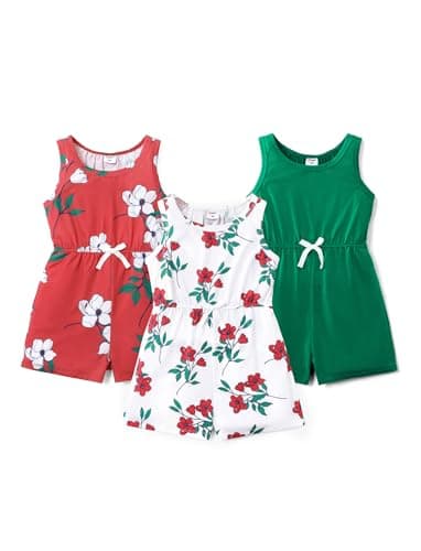 PATPAT Big Kids 3 Pieces Solid Floral Rompers Little Girl Elastic Waist Sleeveless One Piece Knit Jumpsuits Multipack, 7-8 Years - Image 1