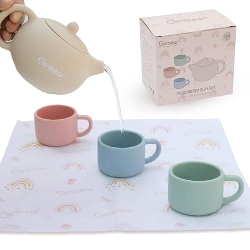 Ginbear Silicone Play Kitchen Tea Set with Washable Cloth Napkin for Toddlers & Kids 1-3, Non-Toxic Unbreakable Baby Bath Toys for Children 12 Months+ (Beige, Blue, Green, Rosy) - Image 1