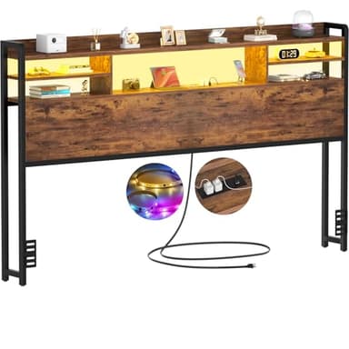 Aheaplus Headboard for King Size Bed with Storage, Headboards with LED Light, Power Outlets, USB Ports King Size Head Board, Wood headboard Only Sturdy and Stable Headboards, Modern, Rustic Brown - Image 1