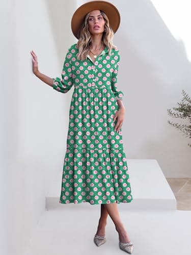 ANRABESS Women Summer Dress 2025 3/4 Puff Sleeve Polo V Neck Floral Print Casual Boho Shirt Maxi Dress Beach Vacation Clothes Floral Green X-Large - Image 8