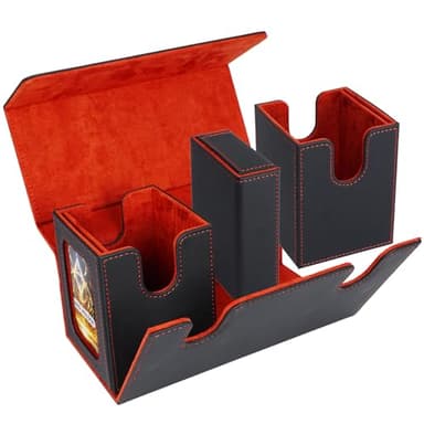 AFIING Mtg deck box with commander display- Fits 200 Double Sleeved Cards,3-in-1Card Deck Case,Strong Magnet Card Organizer For Magic Commander TCG CCG,4Dividers &2 Toploaders, Black/Red - Image 4