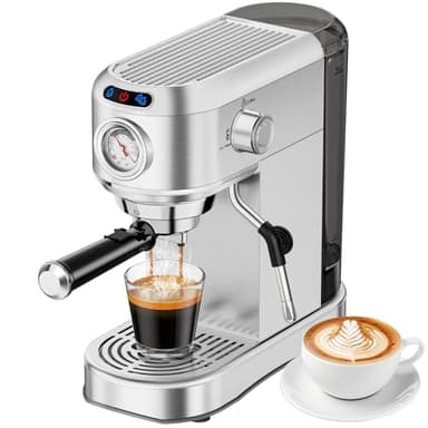 ANYCOLD Espresso Machine 20 Bar, Compact Espresso Maker, Stainless Steel Expresso Coffee Machines with Steam Milk Frother & 34oz Removable Water Tank for Home Latte, Cappuccino, Silver - Image 1