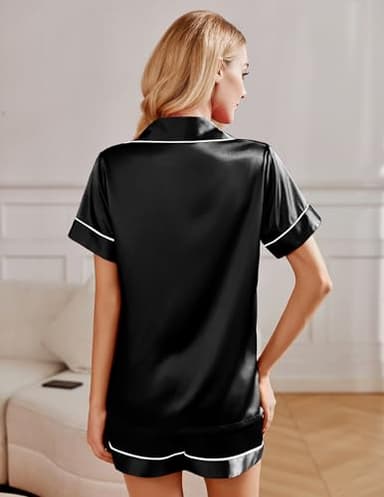 Ekouaer 2 Pack Womens Pajama Sets Summer Pjs Satin Sleepwear Short Sleeve Button Down Pjs Top and Shorts Sleep Set Black+Rose,Large - Image 3