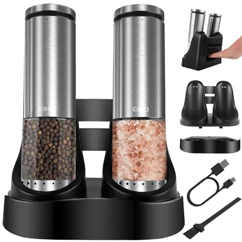EIHO Electric Salt and Pepper Grinder Set USB Rechargeable, Upgraded External Adjustable Coarseness, Stainless Steel Automatic Salt and Pepper Shakers Mills with LED Light, House Warming Cooking Gifts - Image 1