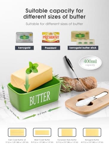 Butter Dish with Lid, Home Decor, Large Butter Dish for Countertop Ceramic Butter Keeper Container with Knife and High-Quality Silicone Sealing Butter Box Good Kitchen Gift Green - Image 2