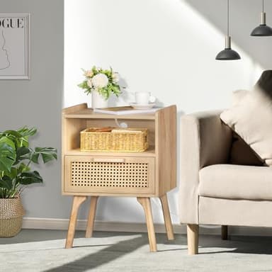 Lerliuo Rattan Nightstands Set of 2 with Charging Station, Boho Side Table with Drawer Open Shelf, Cane Accent Bedside End Table with Solid Wood Legs for Bedroom, Dorm and Small Spaces (Natural) - Image 4