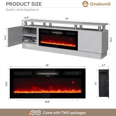 oneinmil 36" Electric Fireplace Integrated TV Stand - 70" 2-Tier Console for TVs up to 80", Ideal for Living Room Settings, Gray - Image 8