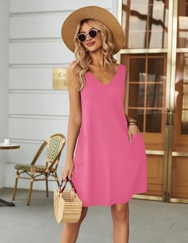 Ekouaer Women's Nightgown Sleeveless Nightshirt V Neck Chemise Soft Night Dress Sleepwear with Pockets Dark Pink - Image 3