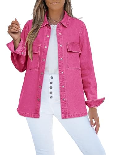 luvamia 2025 Spring Jean Jackets for Women Fashion Oversized Button Down Denim Jacket Western Shacket with Pockets Hot Pink Size Large US Size 12 14 - Image 1