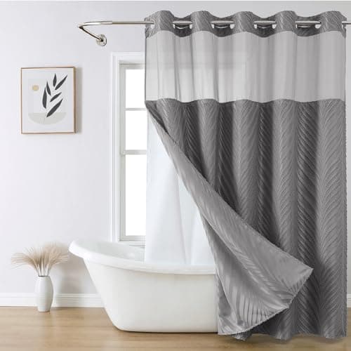 eachope no Hook Shower Curtain and Liner Set，Boho Style with See Through Top Window, Black Fabric Tufted Striped Textured Outer Curtain & Waterproof Inner Liner, Grey/Gray, 71Wx80H - Image 1