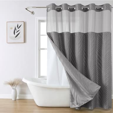 eachope no Hook Shower Curtain and Liner Set，Boho Style with See Through Top Window, Black Fabric Tufted Striped Textured Outer Curtain & Waterproof Inner Liner, Grey/Gray, 71Wx80H - Image 1
