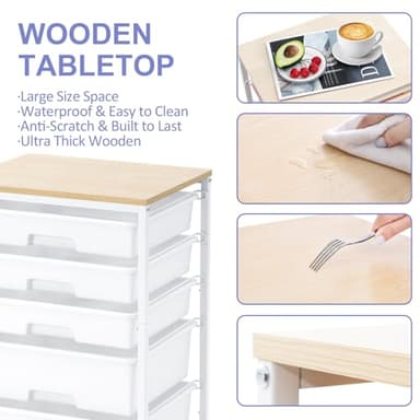 SYKIARIOL Utility Cart with 5 Drawers,Storage Drawer Cart with Wooden Tabletop and Lockable Wheels,Craft Storage Trolley Cart,5-Tier Rolling Utility Cart on Wheels,Bright White - Image 6