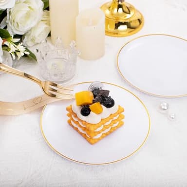 Festiva 200Pcs Gold Dessert Plates 6.3" with Forks 5"- Small Disposable Dessert/Cake/Appetizer Plates Plates- serve 100 guests include 100Plates 100Forks for Wedding Party&Thanksgiving&Birthday - Image 5
