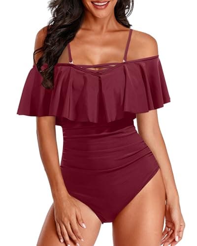 Holipick Wine Red Women Strapless One Piece Swimsuits Tummy Control Bathing Suit Ruffle Off Shoulder Swimwear with Sleeves Small - Image 1