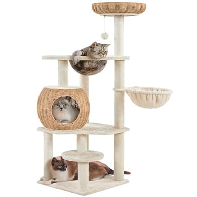 Yaheetech 54in Rattan Cat Tree, Modern Tower with Breathable Woven Condo, Scratching Posts & Washable Cushions, Naturally Cool in Summer, Cute Furniture for Indoor Cats - Image 1