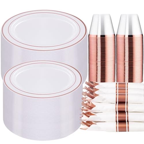 WELLIFE 350 Pieces Rose Gold Plastic Dinnerware, 50 Guests Disposable Plates with Rose Gold silverware and Cups, 50 Pre Rolled Napkins with Cutlery, Perfect for Wedding and Party - Image 1