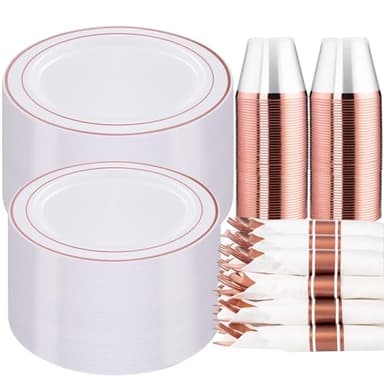 WELLIFE 350 Pieces Rose Gold Plastic Dinnerware, 50 Guests Disposable Plates with Rose Gold silverware and Cups, 50 Pre Rolled Napkins with Cutlery, Perfect for Wedding and Party - Image 1