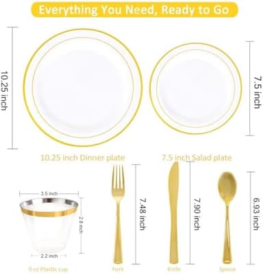 WELLIFE 350-Piece Gold Disposable Plates and Cutlery Set - Premium 10.25" Dinner Plates, 7.5" Dessert Plates, 9oz Cups & Cutlery for Weddings, Catering Events - 50 Guest Service - Elegant & Sturdy - Image 4