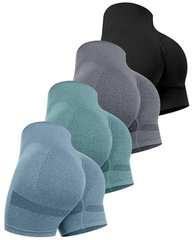 CHRLEISURE Women's 4 Packs Workout Gym Shorts, High Waisted Butt Lifting Scrunch Butt Seamless Booty Shorts(Black,DGray,Green,Blue,M) - Image 1