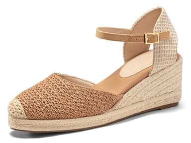 Coutgo Womens Platform Wedge Sandals Espadrilles Raffia Closed Toe Heels Ankle Buckle Strap Summer Beach Shoes, Brown, size 10 - Image 1