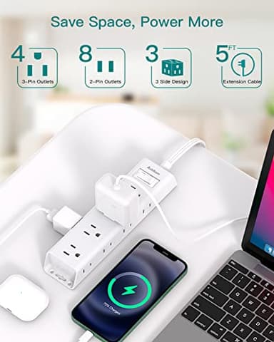 Flat Plug Power Strip, Ultra Thin Flat Extension Cord - Addtam 12 Widely AC 3 Sides Multiple Outlets, 5Ft, 1050J Surge Protector, Wall Mount, Desk Charging Station for Home Office Dorm Room Essentials - Image 3