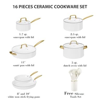 Ceramic Cookware Set, VONIKI 16 Pcs Pots and Pans Set Non Stick, Kitchen Cookware Sets with Cooking Utensils Set, Non Toxic Cookware Set White Gold Pan Set for Cooking Pot Oven & Dishwasher Safe, Gift - Image 2