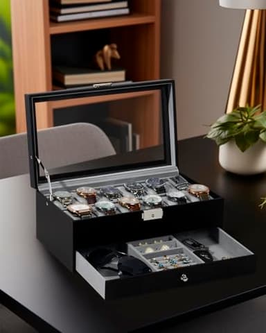 GUKA Watch Box 12 Slot Watch Display Organizer Leather Jewelry Case Drawer Glass Birthday for Men Women, Child Husband Dad - Image 8