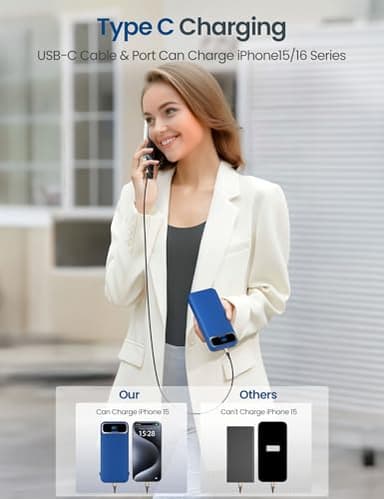 12000mAh Lightweight-Portable-Charger-Power-Bank with Built-in Cables and AC Wall Plug, PD20W USB-C Fast Charging Battery Pack, LED Display External Travel Phone Charger for All iPhone,Samsung,Android - Image 5
