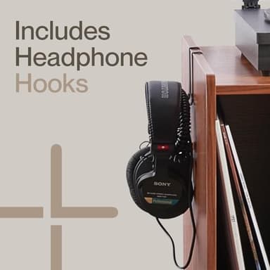 LOFT + IVY Record Player Stand with Vinyl Storage – Turntable Table with Shelves and Backboard – Walnut Wood Frame Vinyl Record Storage with Headphone Hook – Compact Audio Stand with Stabilizers - Image 5