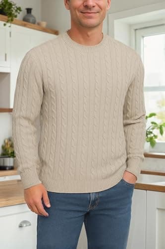 KUYIGO Men's Sweaters Crewneck Knitted Pullover Classic Slim Fit Casual Soft Twist Textured Sweatshirt Beige L - Image 2