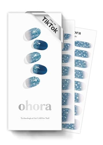ohora Semi Cured Gel Nail Strips (N Waterbomb) - Blue, Glitter, Works with Any UV/LED Lamps, Salon-Quality, Long Lasting, Easy to Apply & Remove - Includes 2 Prep Pads, Nail File & Wooden Stick - Image 1