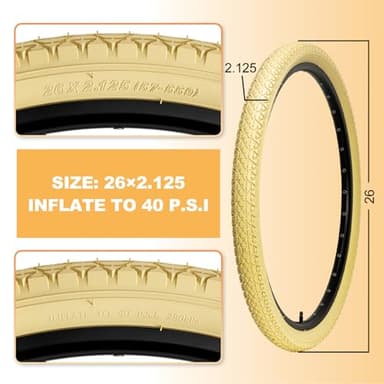 2-Pack Cruiser Bike Tires Set: Hycline 26x2.125 Inch (57-559 mm) Folding Replacement Bicycle Tires and Pair 26-inch Inner Tubes with Tire Levers for Beach or Urban City Commuter Bike-Cream - Image 3