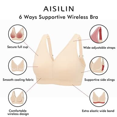 AISILIN Women's Plus Size Wireless Bra Support Comfort Full Coverage Unlined No Underwire Smooth Beige 46F - Image 3