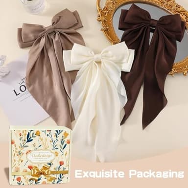 6 PCS Hair Bows for Women, Big Bow Hair Clips for Girls, Silky Satin Hair Bows Clips Oversized Long Tail, Large Hair Barrettes Cute Aesthetic Hair Accessories, Metal Bow Hair Clips Neutral Color - Image 5