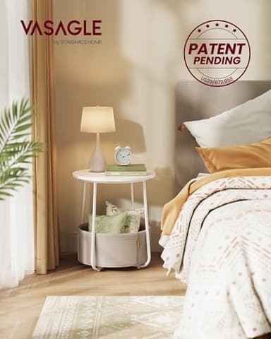 VASAGLE Small Round Side End Table, Modern Nightstand with Fabric Basket, Matte White and Camel Brown ULET223W10 - Image 4