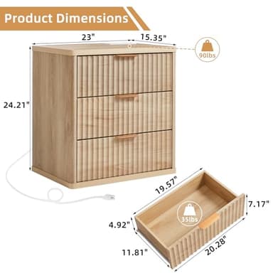 LEYAOYAO 23" Wide Fluted Farmhouse Night Stand Set of 2 with Charging Station, 3 Drawers Large End Table w/Metal Handle, Natural Nightstand Bedside Table,Wood Dresser for Bedroom, Closet - Image 3