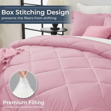 HEVUMYI Queen Comforter Set - 7-Piece All Season Bed in a Bag Queen, Ultra Soft Bedding Set with Comforter, Flat Sheet, Fitted Sheet, Pillowcases, Pillow Shams, Pink & Ivory - Image 4