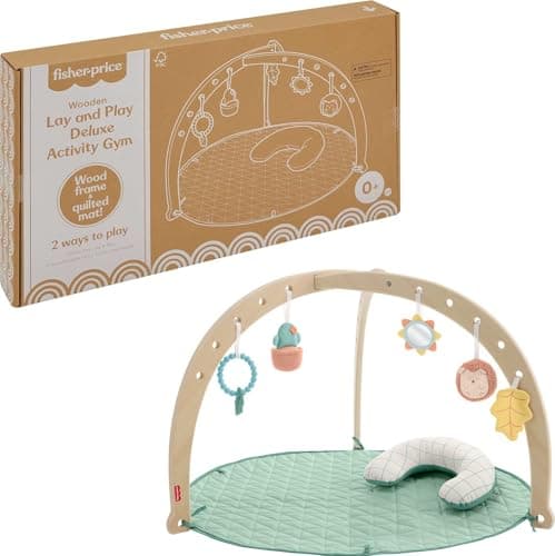 Fisher-Price Wood Baby Playmat Lay & Play Deluxe Activity Gym with Wooden Frame & Tummy Time Sensory Toys for Newborns 0+ Months (Amazon Exclusive) - Image 1