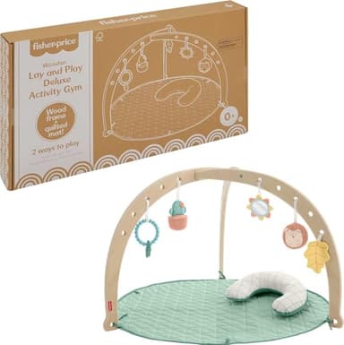 Fisher-Price Wood Baby Playmat Lay & Play Deluxe Activity Gym with Wooden Frame & Tummy Time Sensory Toys for Newborns 0+ Months (Amazon Exclusive) - Image 1