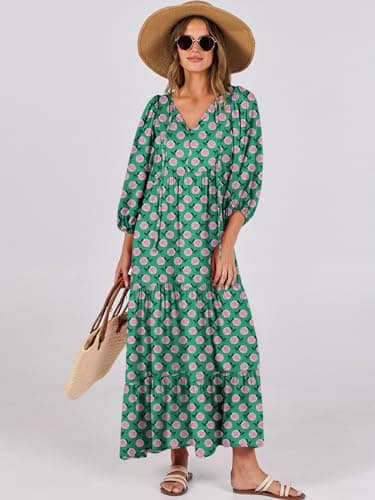 ANRABESS Womens Boho Maxi Dresses 2025 Summer V Neck Puff Sleeve Floral Flowy Swing Fall Casual Long Dress Green Small - Image 7