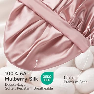 22 Momme 100% Real Mulberry Silk Bonnet for Sleeping Women, Large Hair Care Bonnet for Long Curly Hair, Double Layer Silk Wrap with Soft Elastic Band, Non-Slip Sleep Cap, Pink - Image 2