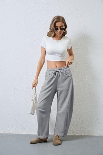 SeekMe Women's Barrel Leg Sweatpant Drawstring Elastic Waisted Wide Leg Pants Casual Cotton Palazzo Trousers with Pockets (0009-Grey-XL) - Image 6