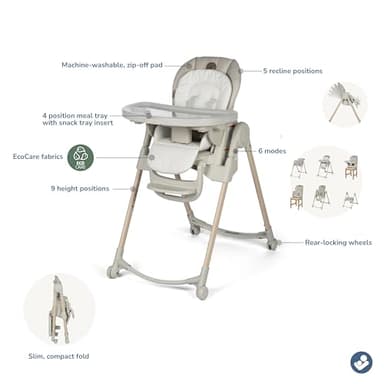 Maxi-Cosi Minla 6-in-1 High Chair for Babies & Toddlers, Portable Foldable Highchair, EcoCare Fabric, 9 Heights, 5 Reclines, 4 Tray Positions, Classic Oat - Image 4