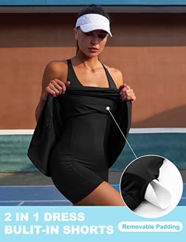 IUGA Womens Tennis Dress Built in Shorts & Bra Adjustable Straps Exercise Workout Dress with Pockets Golf Athletic Dresses Black - Image 3