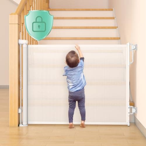 Momcozy Auto Lock Retractable Baby Gate, Safety Gate for Baby and Pet, 33” Tall, Extends to 55” Wide, Mesh Safety Dog Gate for Stairs, Indoor, Outdoor, Doorways, Hallways - Image 1