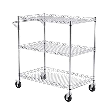 VEVOR Kitchen Utility Cart, 3 Tiers, Wire Rolling Table with 661 LBS Capacity, Steel Service Desk on Wheels, Metal Storage Trolley with 80 mm Deep Basket Curved Handle 6 Hooks - Image 9