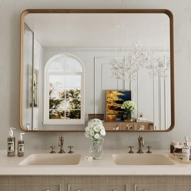 LOAAO 40X36 Inch Bathroom Mirror with Wood Grain Colored Metal Frame, Rounded Rectangle Metal Framed Bathroom Mirror, Anti-Rust, Hangs Horizontally or Vertically, Tempered Glass - Image 8