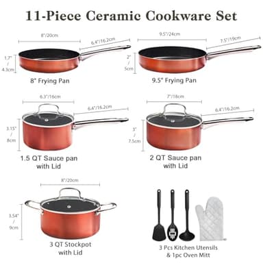M MELENTA Pots and Pans Set Non Stick, 11pcs Ceramic Cookware Set, Non Toxic Induction Cookware, Kitchen Cooking Set w/Fry Pans, Saucepans, Oven Safe, Copper - Image 3